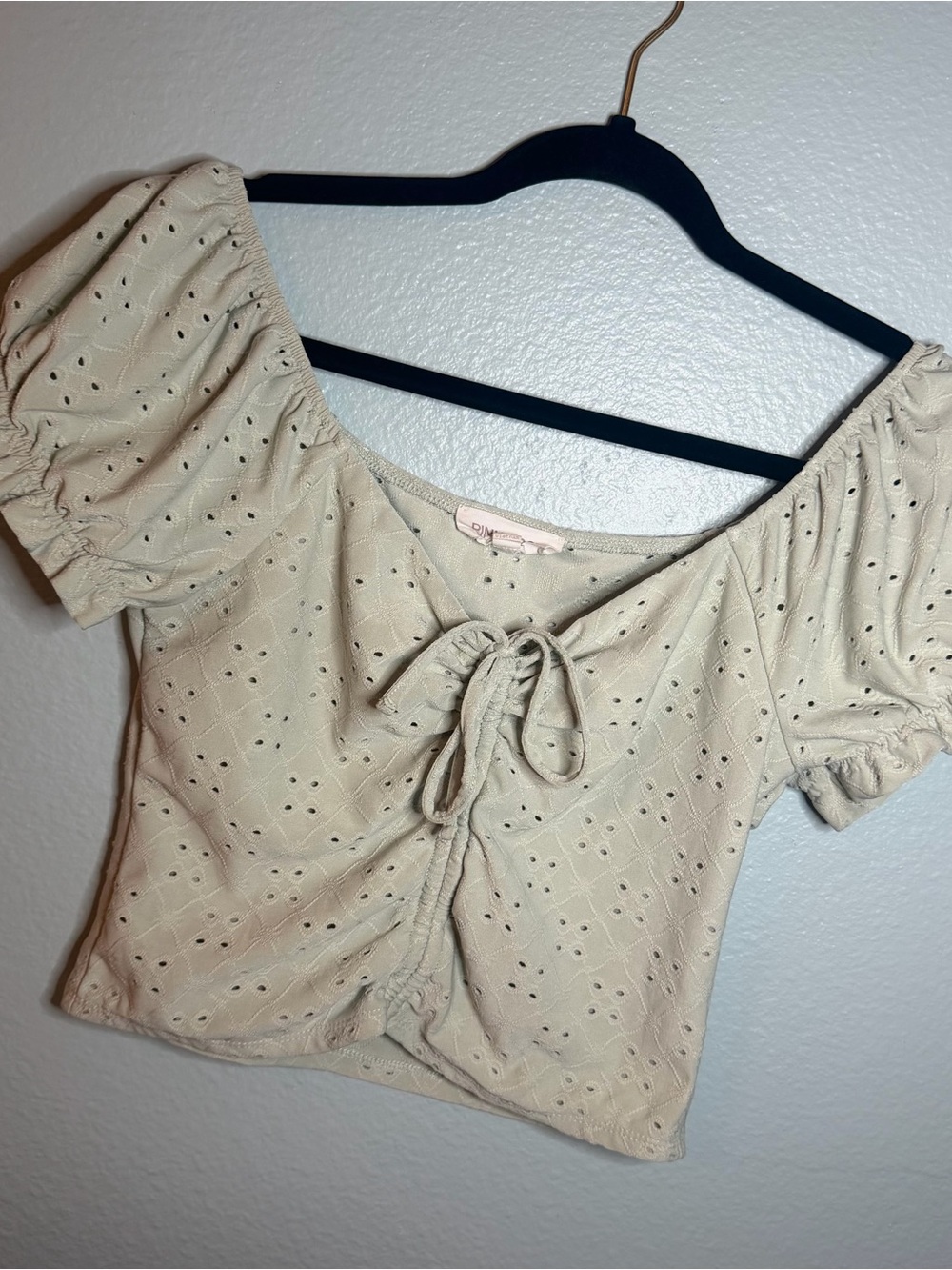 Women's Eyelet Pink Rose Tie-Front Crop Top in sage green